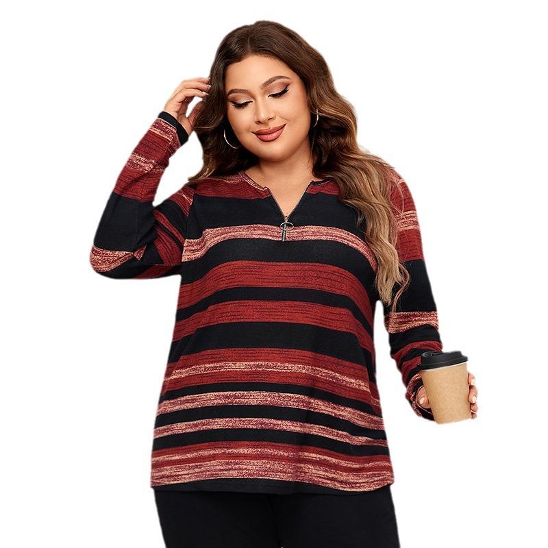 Damen Übergröße Neues Herbst Rundhals Streifenshirt