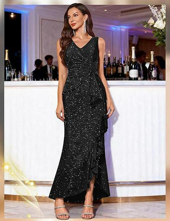 Vestido de Noche Europeo Elegante para Mujer 2025 con Lentejuelas, Cuello en V y Abertura