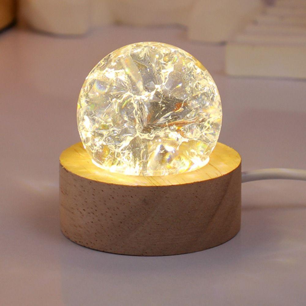 LED Wood Stand Luminous Crystal Ornaments Shiny Glaze Beads Glass Sphere Figurine Home Decoration