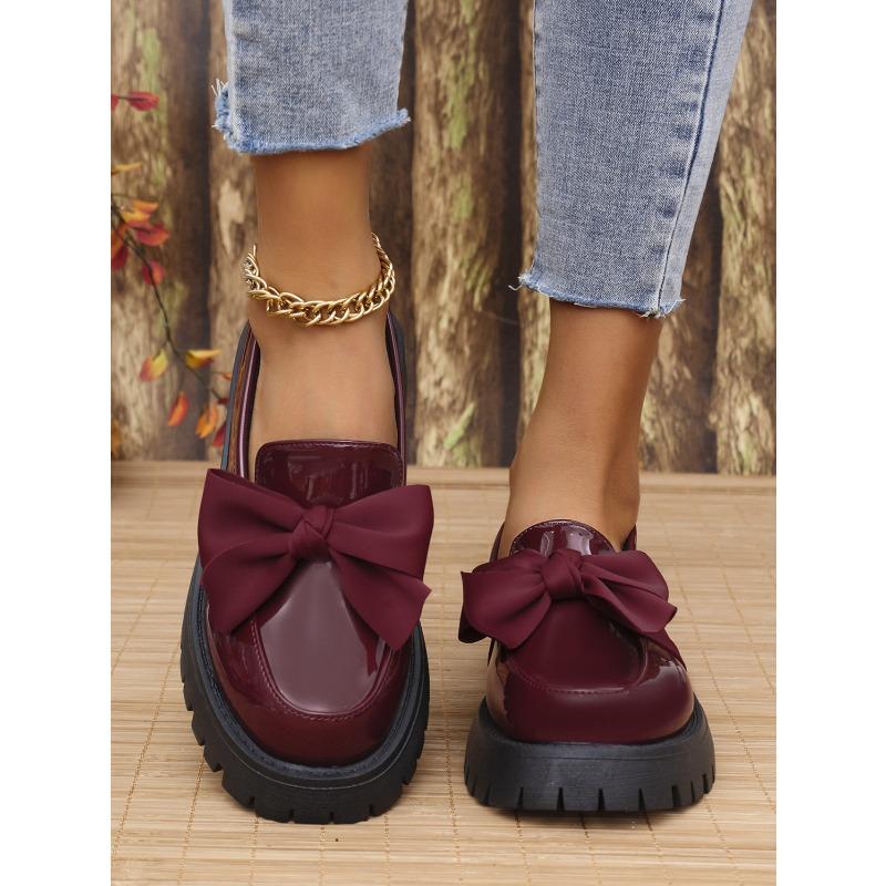 Chunky Sole 2025 British Style Korean Vintage Leather Loafers for Women Women's Slip-On Loafers with Bow Detail