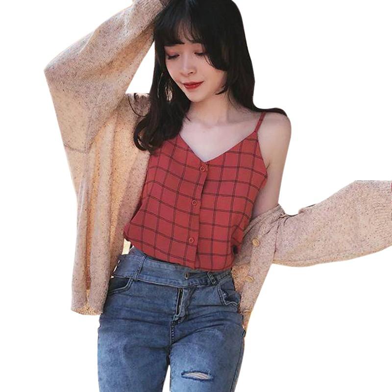 

Женская блузка в клетку без рукавов на пуговицах с v-образным вырезом в свежем стиле, шифоновая майка, камзол One Size