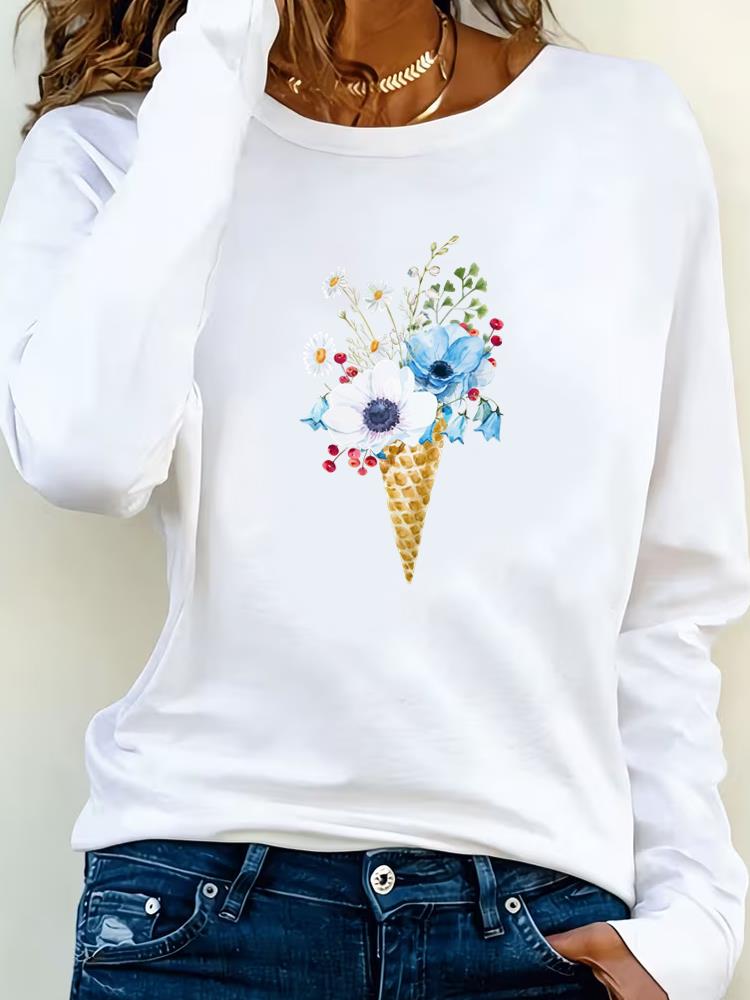 (Asian Size) sweet flower cute 90s Tee Lady Printed  Female Clothing Women T Shirt Casual Fashion Top Long Sleeve  Graphic T-shirts