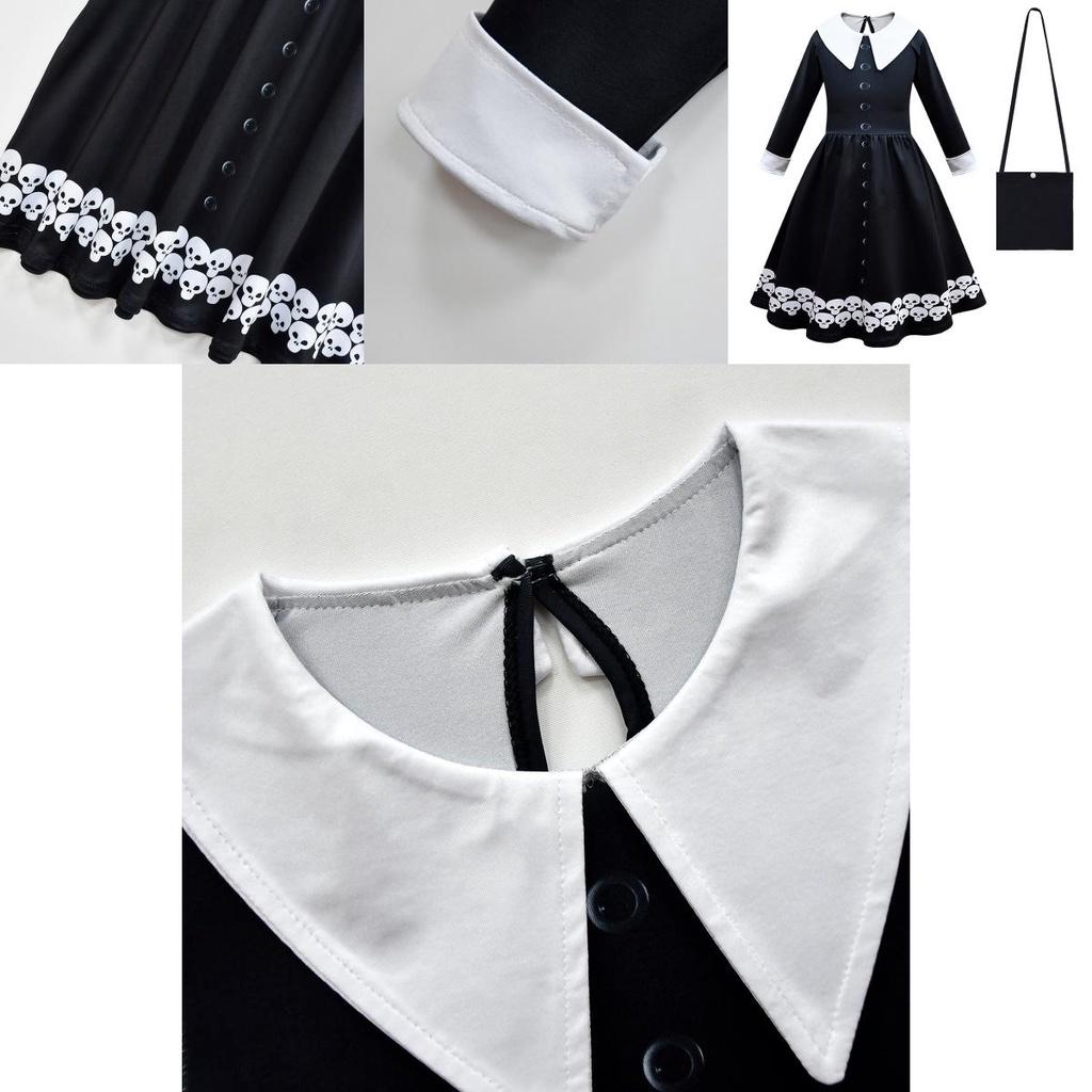 Wednesday Addams Dress Bag Wig Cosplay Costume Girls Xmas Party