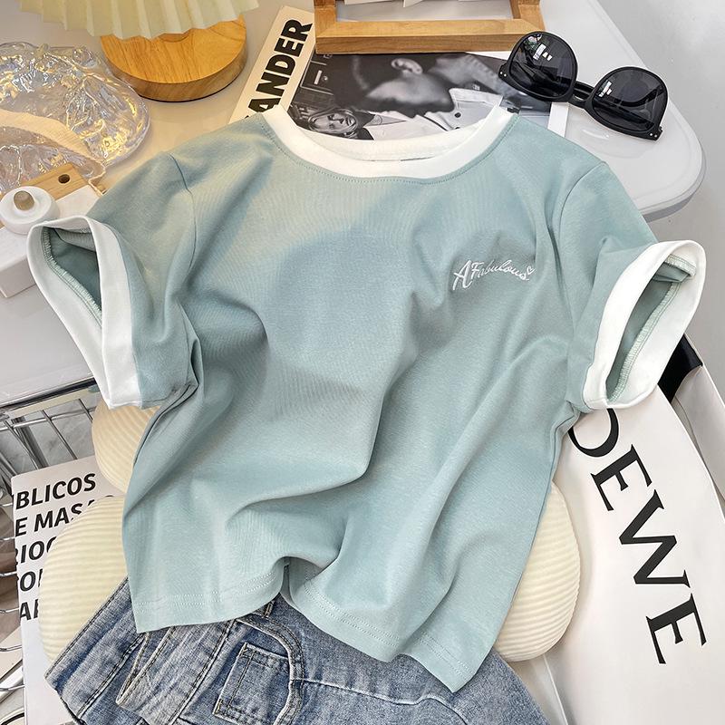 

Women s Summer 2025 Korean-Style Slimming High-Waisted Short-Sleeved T-Shirt M (Recommended under 90 jin) зелёный