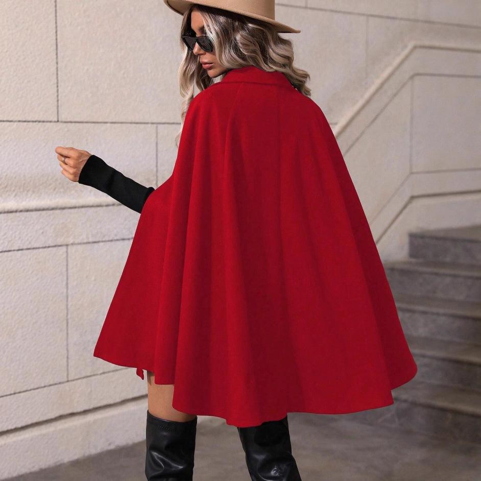 Women's Cape Woolen Coat, Mid-Length Double Breasted Cloak Jacket, Elegant High Grade Loose Slimming Overcoat, Ladies Warm Cape Outerwear