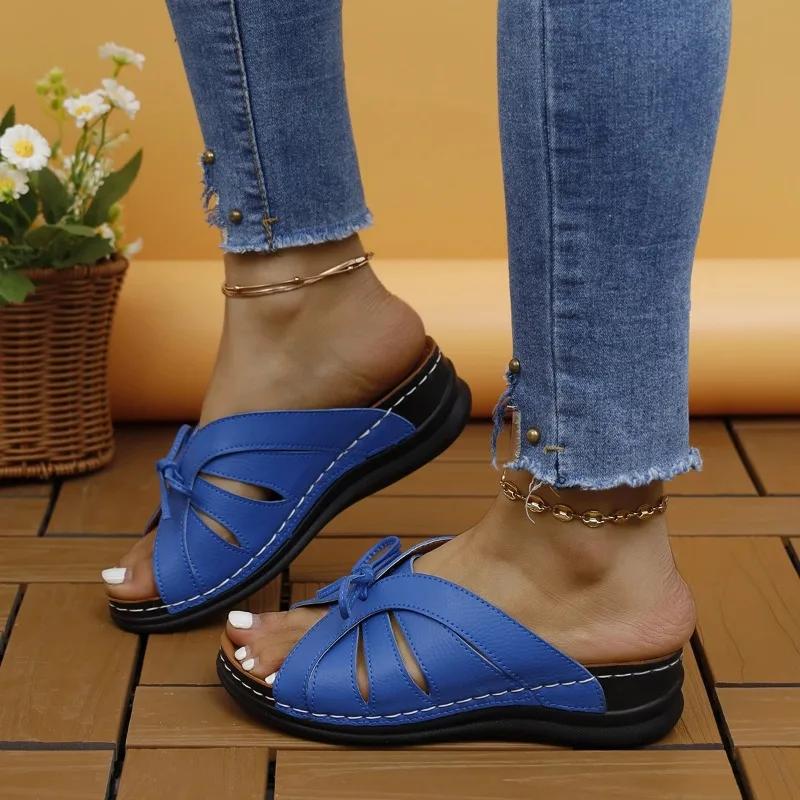Size 43 Women Wedges Slippers Summer New Peep Toe Butterfly-knot Comfort Platform Wedges Beach Shoes Casual Sandals