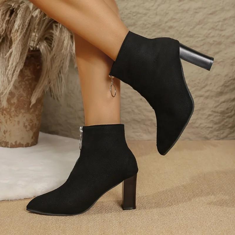 Fashion Fashion Explosive Booties 2025 Winter New Block Heel Pointed Toe Stretch Boots High Heel Front Zipper Women's Boots