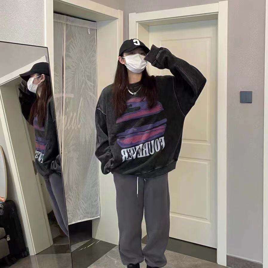 Vintage Distressed Sweatshirts Fleece Women Hip Hop Streetwear O-Neck Loose Long Sleeve Print Graphic Hoodie Autumn Winter
