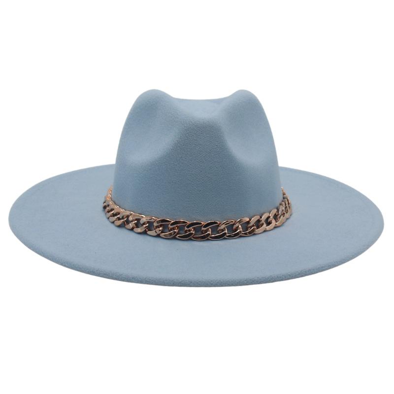 Big Brim Gold Acrylic Chain Felt Hat Solid Color Cashmere Jazz Hat French Top Hat