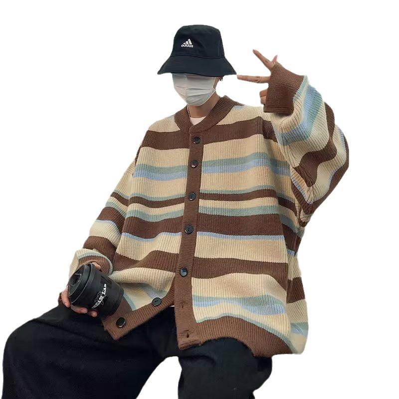 Japanese lazy retro striped sweater men's and women's coats autumn and winter 2025 new loose knitted cardigan top