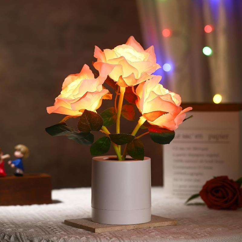 

Pink Rose Flower Cordless Touch Lamp LED Artificial Flowers Gifts for Her Wife Girlfriend Small Table Lamp Night Light USB Яскраво-рожевий