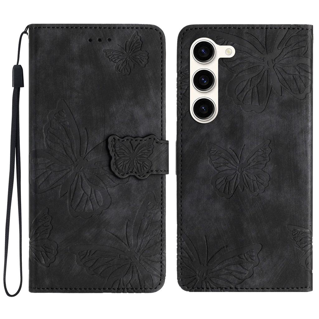 For Samsung Galaxy S24 Case Butterfly Imprinted Skin-Touch PU Leather Phone Cover with Strap