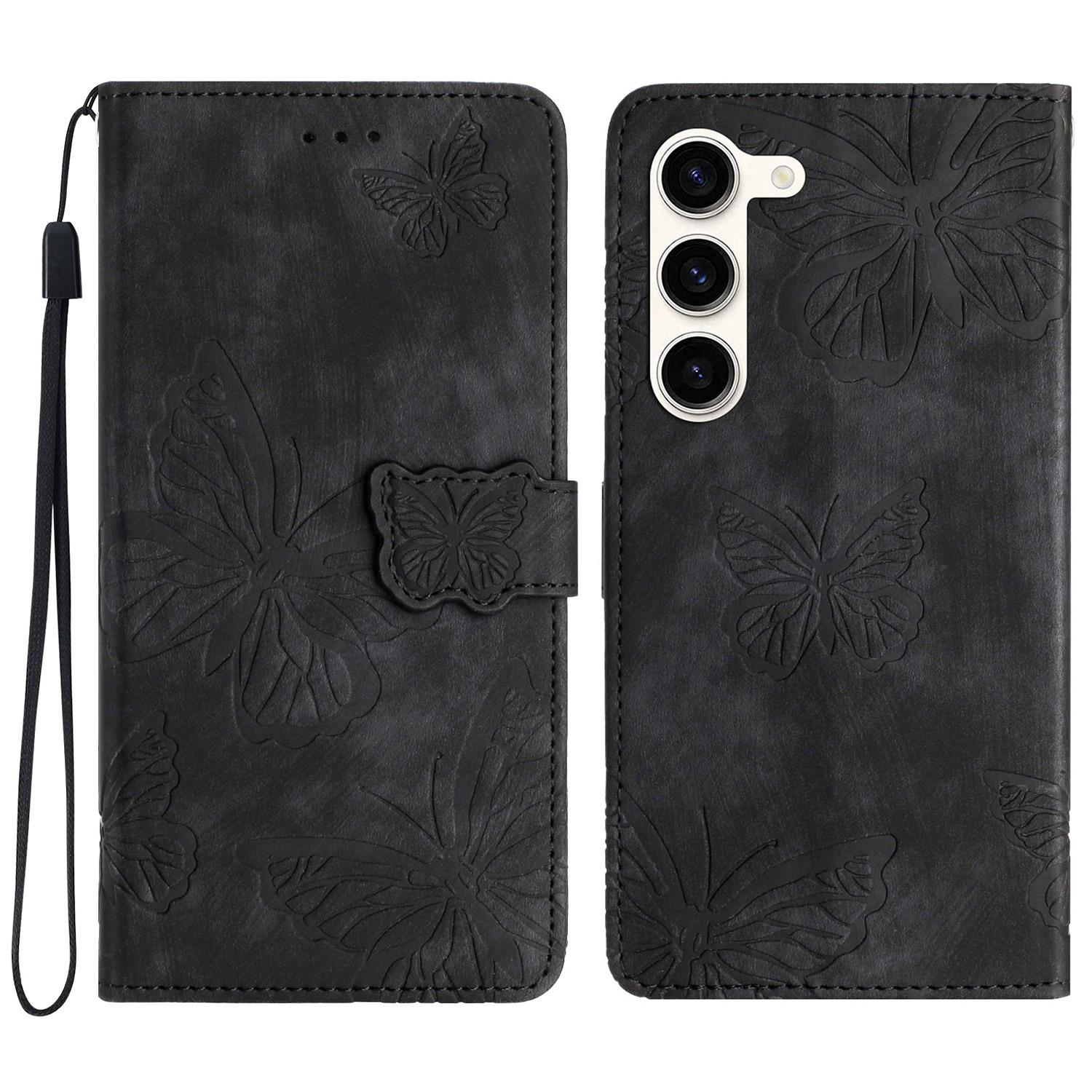 

For Samsung Galaxy S24+ Case Butterfly Imprinted PU Leather Phone Stand Cover with Strap Black