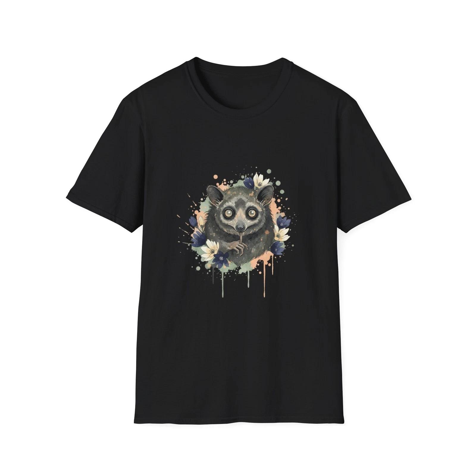Lemur Watercolor Floral Black Tee Nature Aesthetic Graphic T-Shirt 4XL