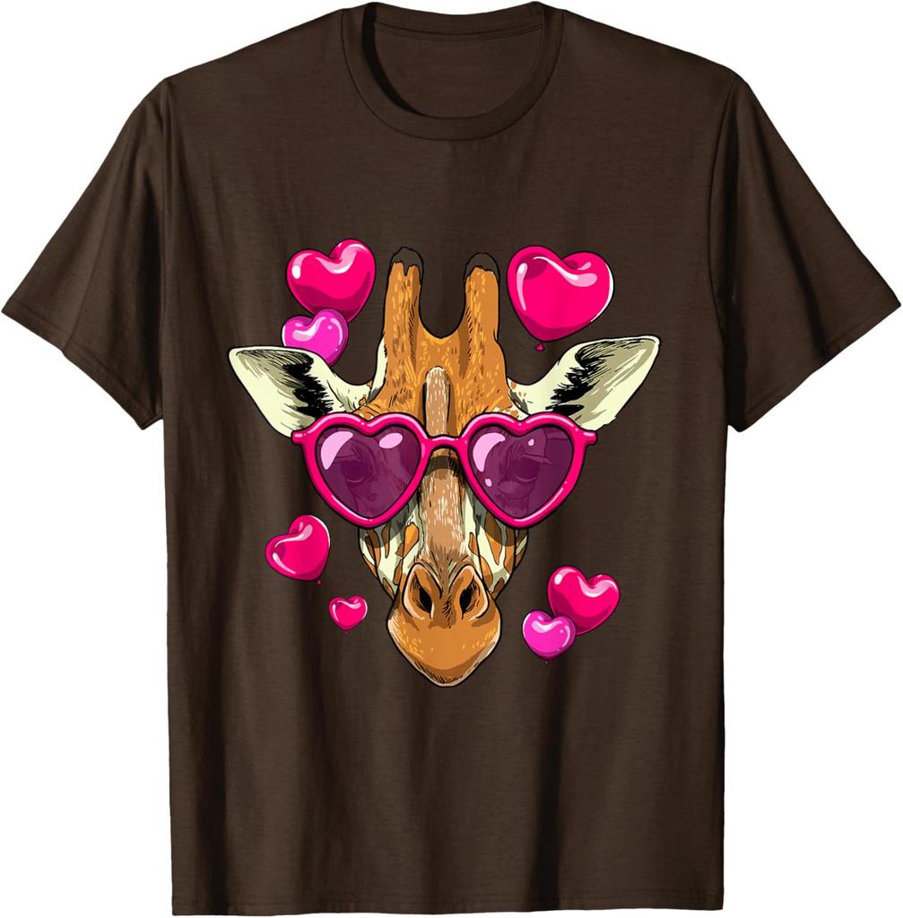 Giraffe Heart Sunglasses Valentines Day Funny Animal Graphic Tee Short Sleeve Casual Crewneck T-Shirt