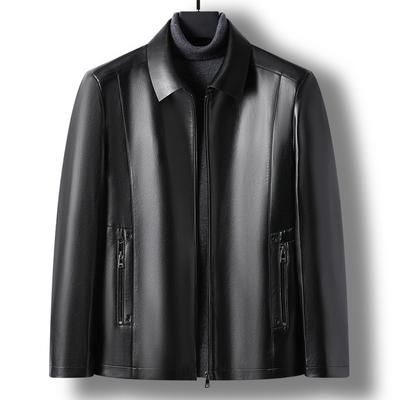 Autumn Genuine Leather Jacket for Men, Slim Short Lapel Leather Jacket, Middle-aged and Elderly Men's Genuine Leather Jacket for Dad
