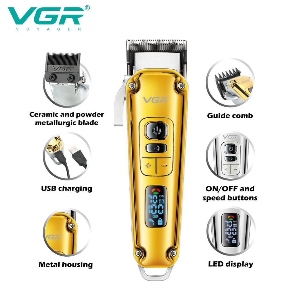 VGR Electric Hair Clipper Metal Retro Men's Electric Hair Clipper Oil Head Carved LED Smart Digital Hair Clipper Fashion Professional Personal Care