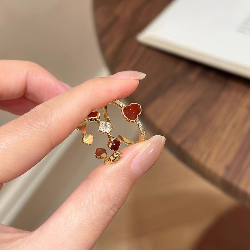 Real Gold Electroplated Zircon Oil Drop Gourd Flower Opening Ring Retro Temperament Index Finger Ring Light Luxury High-end Jewelry