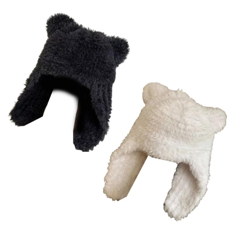 Bear Ear Hat Bear Earflap Beanie Hat Ski Hat Hooded Hat Fleece Earflap Beanie Bomber Hat Plush Trapper Hat