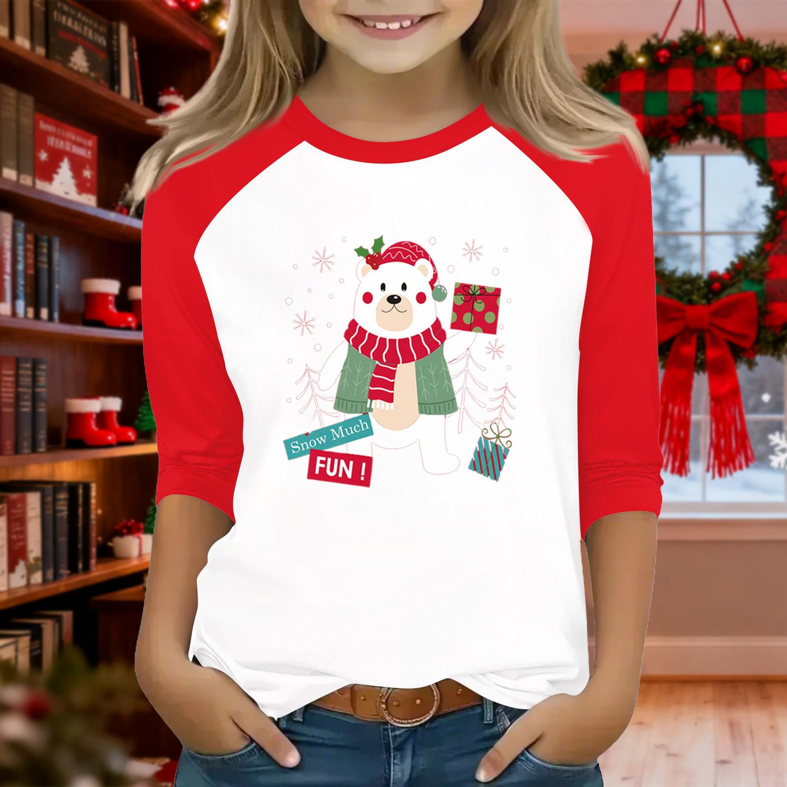

Tops For Youth Girls 4-16 Years Round Neck 3/4 Sleeves T-Shirts Trendy Tops Outfit Tees Christmas Day 110 білий