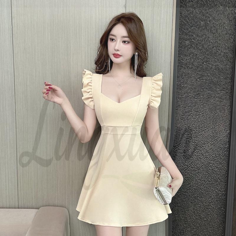 Stylish Low-Cut Puff Sleeve A-Line Dress L