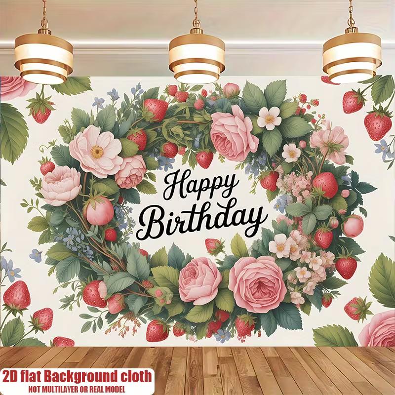 2D Strawberry Floral Wreath Happy Birthday Backdrop, Sweet Pink Party Background Cloth 47.2x31.5inch/120*80cm