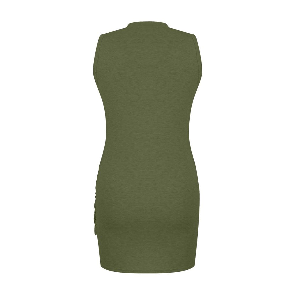 Damenmode Farbe Ärmellos Rundhals Schleife Unregelmäßiger Gürtel Hüftumschlag Kleider