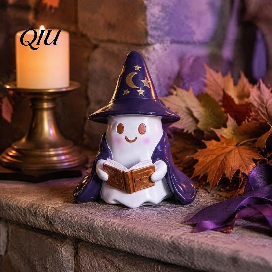 Desktop Halloween Ornament Lighted Ghost Figurine, Resin Wizard Statue with LED Light, Cute Holiday Figurine Reading Book Night Light for Home