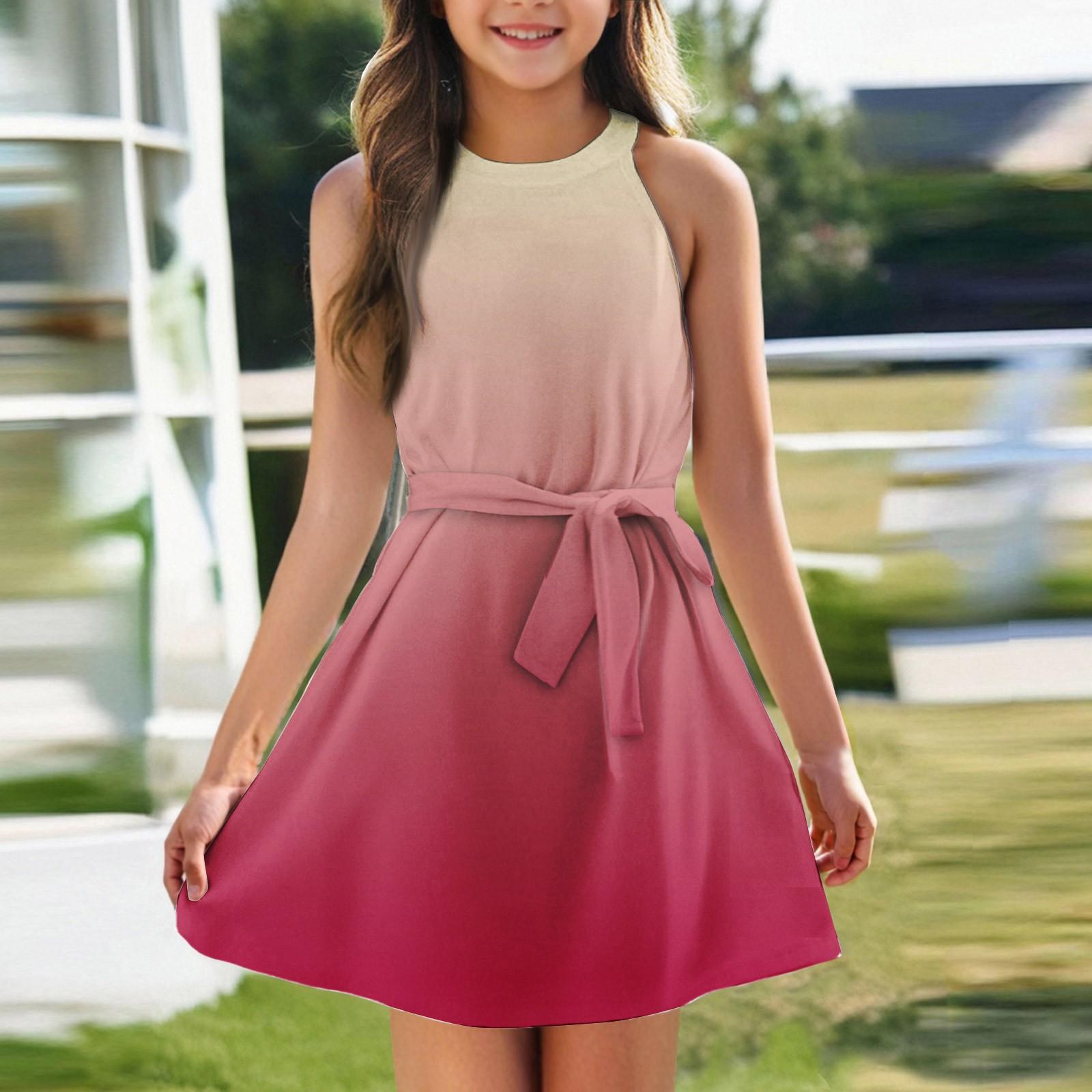 

Летнее платье для девочек Платье без рукавов на бретельках Однотонное платье без рукавов с принтом Повседневное платье 130 красный