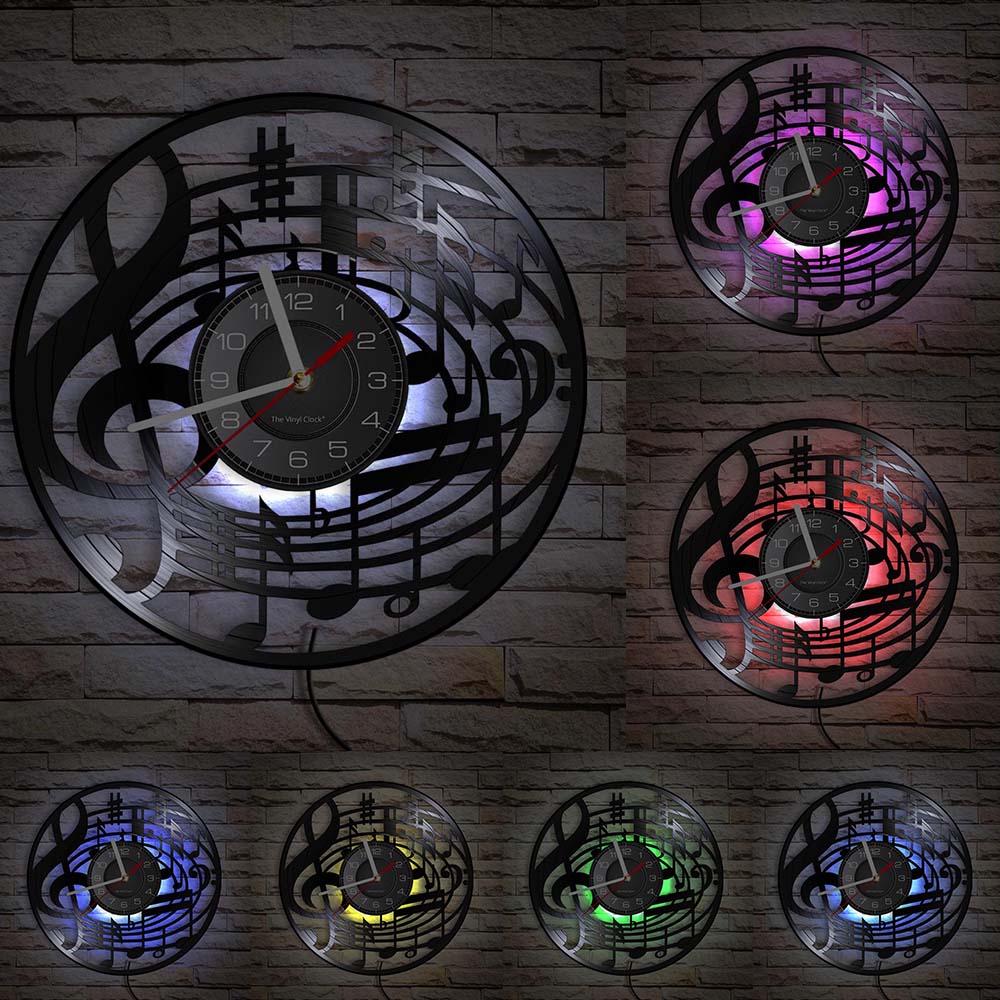 Music Notes Wall Art Treble Clef Vinyl Record Wall Clock Hanging Sheet Music Art Vintage Watch Rock N Roll Music Lover Gift