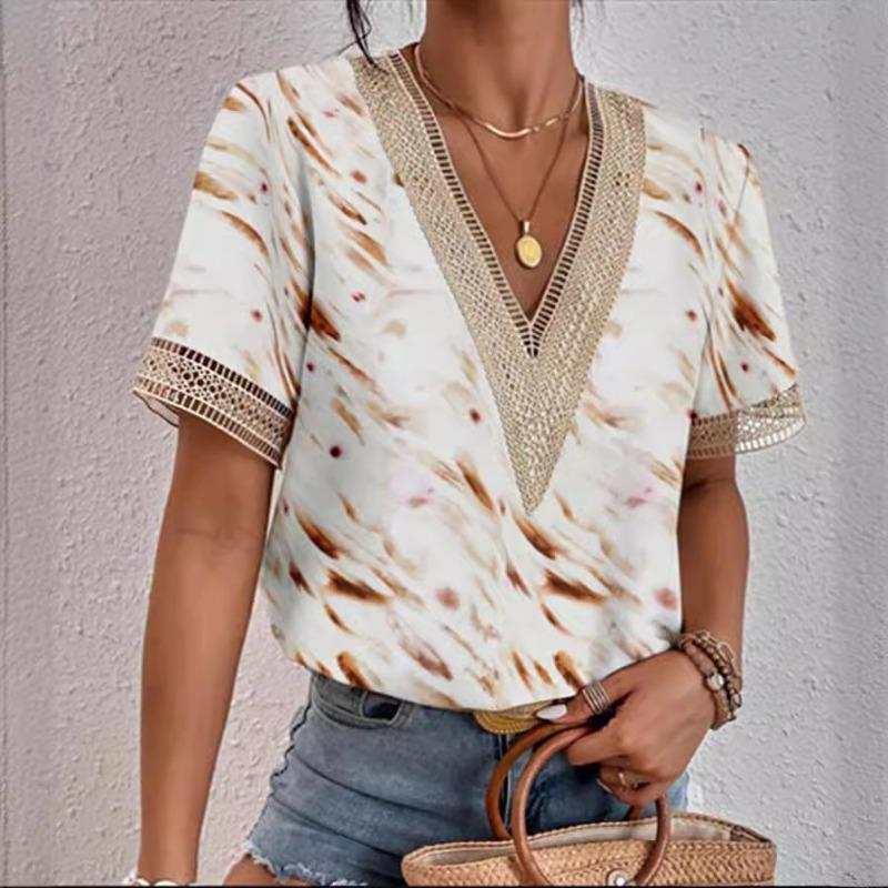 Sommer V-Ausschnitt Spitze Loose Print Damen Bluse Tops Stilvolle Bürodame Kurzarmshirt Damen Vintage Elegante Casual Blusen Damenbekleidung 24308
