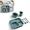 Baby Divided Dinner Plate Cartoon Dinosaur Baby Feeding Bowl Plate Set with Spoon Fork Cup Blue