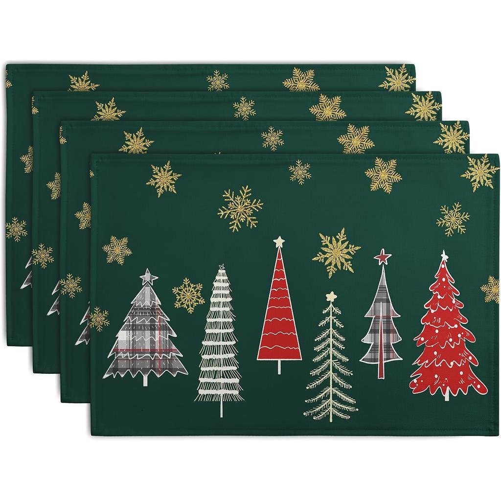 1/2/4/6/8pcs Green Snowflake & Linen Placemats Suitable for Christmas Table Setting - Rectangular 12x18 Inch Machine Washable Holiday Dining Table