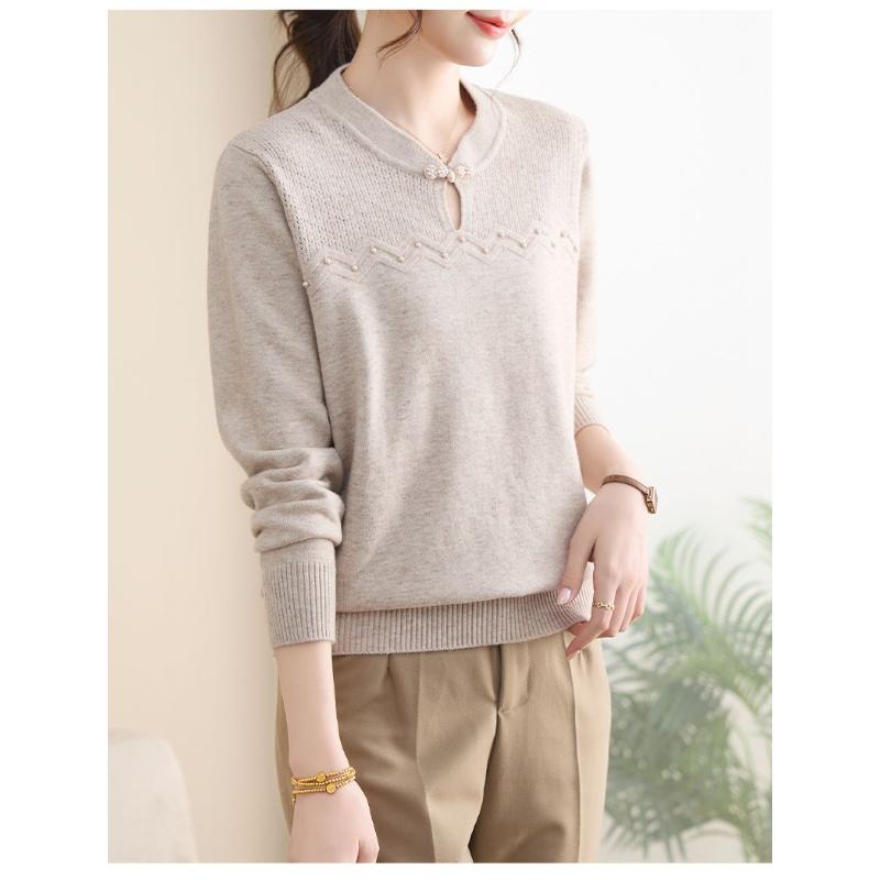 Pull uni tendance polyvalent Haut tricoté à manches longues style chinois