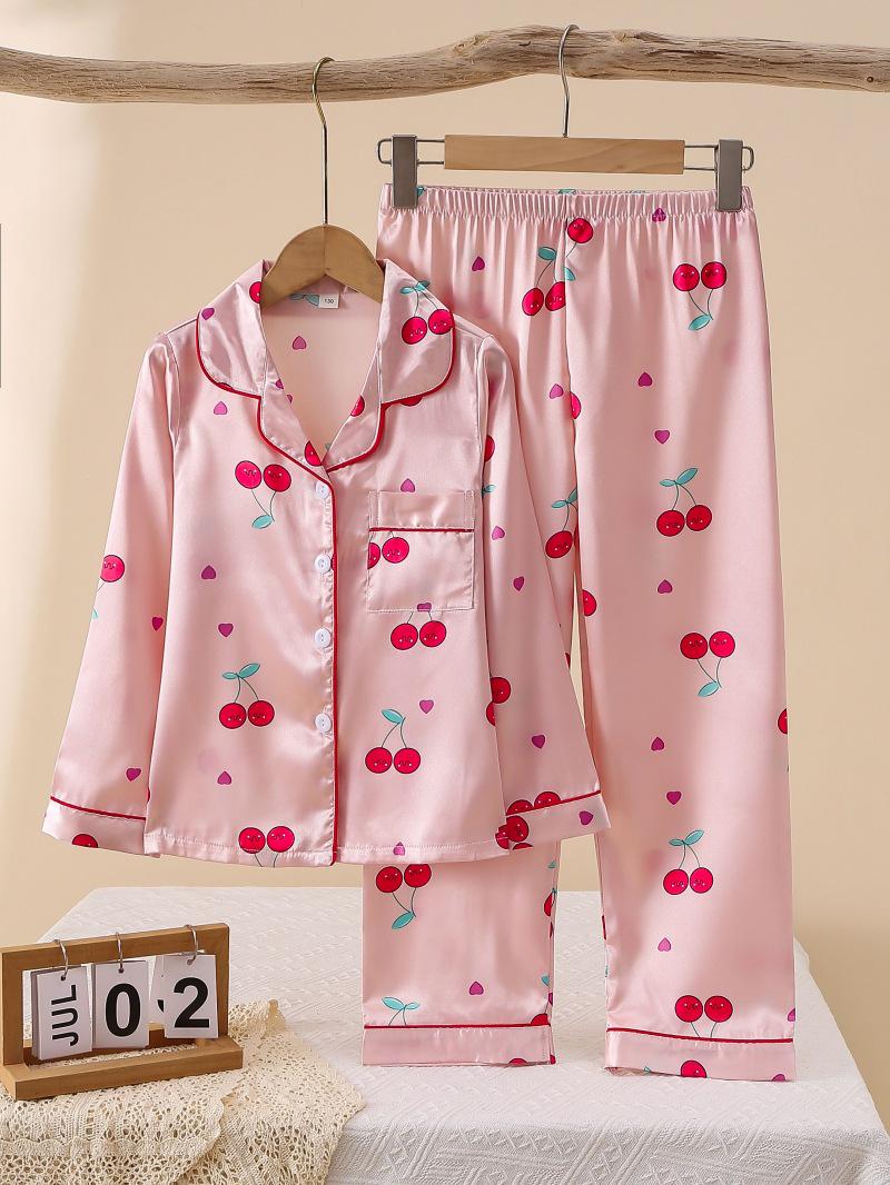 Long Sleeve Cherry Print Silk Pajamas for Girls Size 120