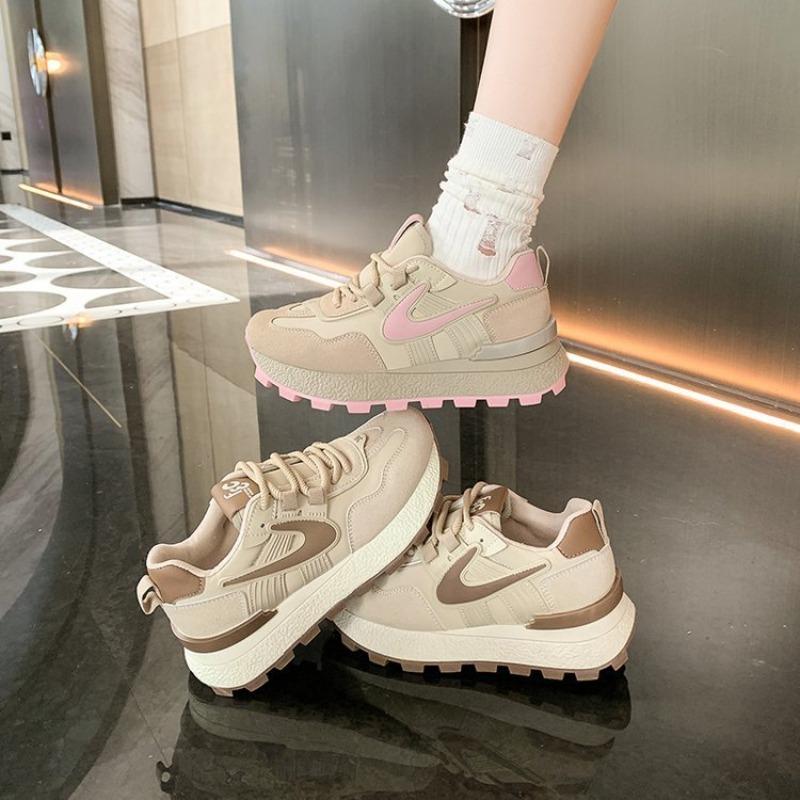 Heightened Thick-soled Pink Lightweight Leather Dad Shoes Women's Autumn New Breathable Sports and Leisure Shoes