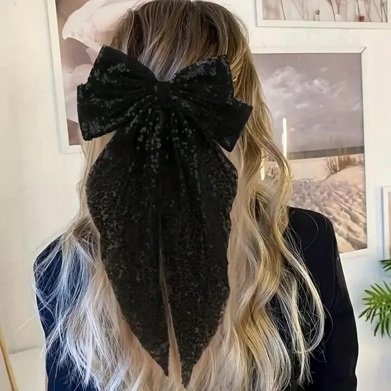 Fashionable Sequined Bow Spring Clip Mesh Ribbon Hair Clip Elegant Christmas and New Year Party Hair Accessory