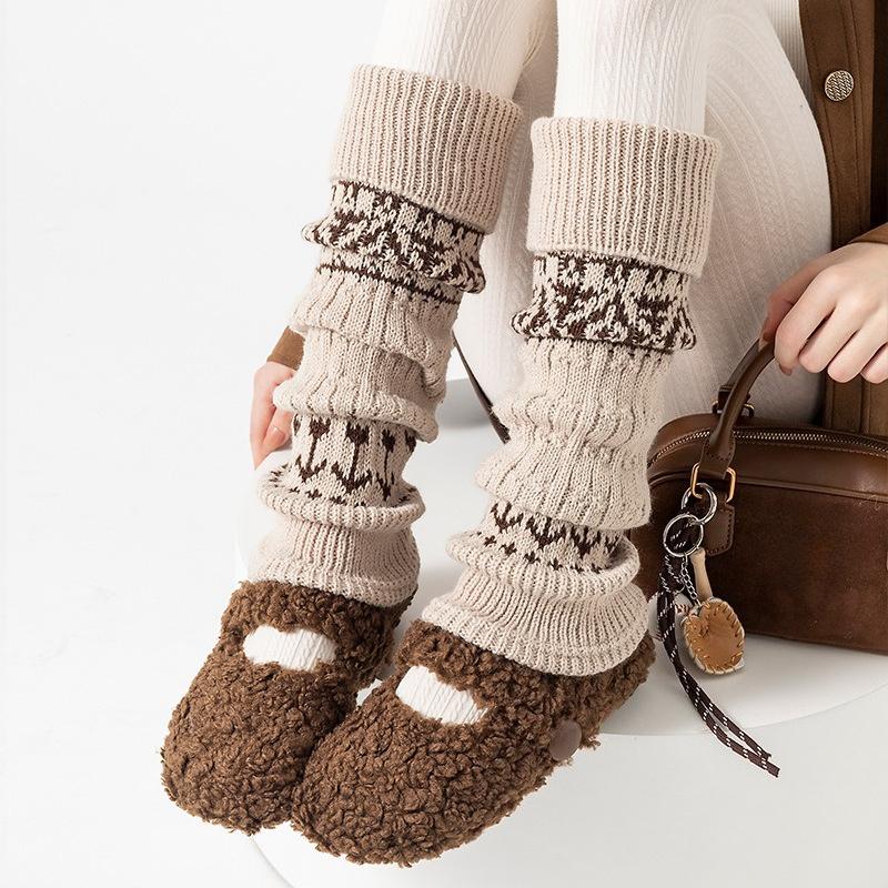 Baumwoll-Sockenüberzieher für Damen Herbst und Winter Fair-Isle-Waldstil Frotteesocken Warm und Dick Retro Grau Rautenmuster Wadenstulpen