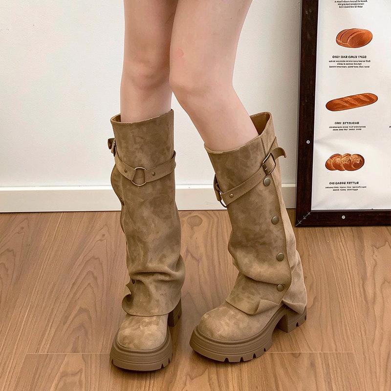 thick-soled boots women's new spring and autumn casual small retro belt buckle thick-soled legs long knight boots