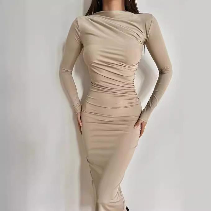 

QICED Осень-зима Женское модное платье с круглым вырезом и длинным рукавом, облегающее, с сумкой на ягодицах, однотонное, темпераментное платье S