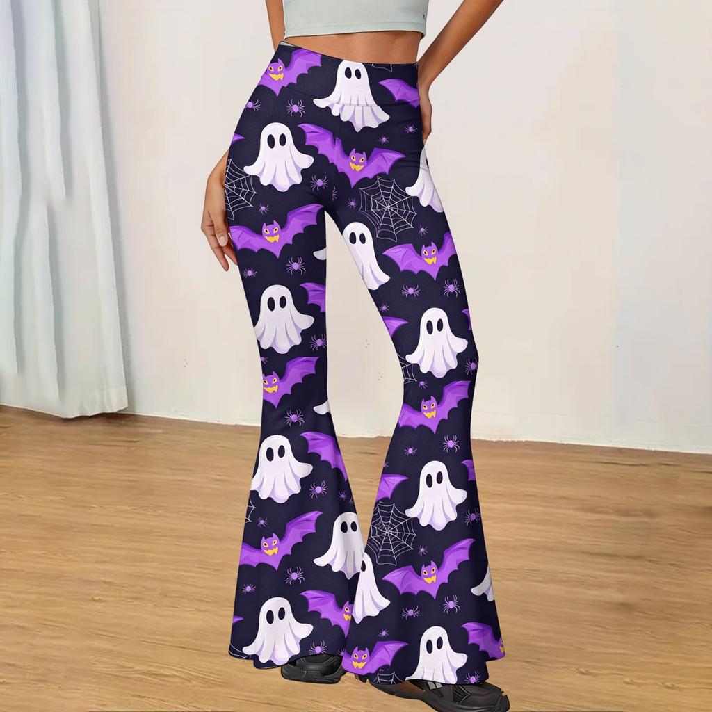Women's Halloween Print Flared Yoga Pants Stretchy High Waist Casual Fitness Leggings Slim Fit Micro Flare Trousers for Everyday Wear