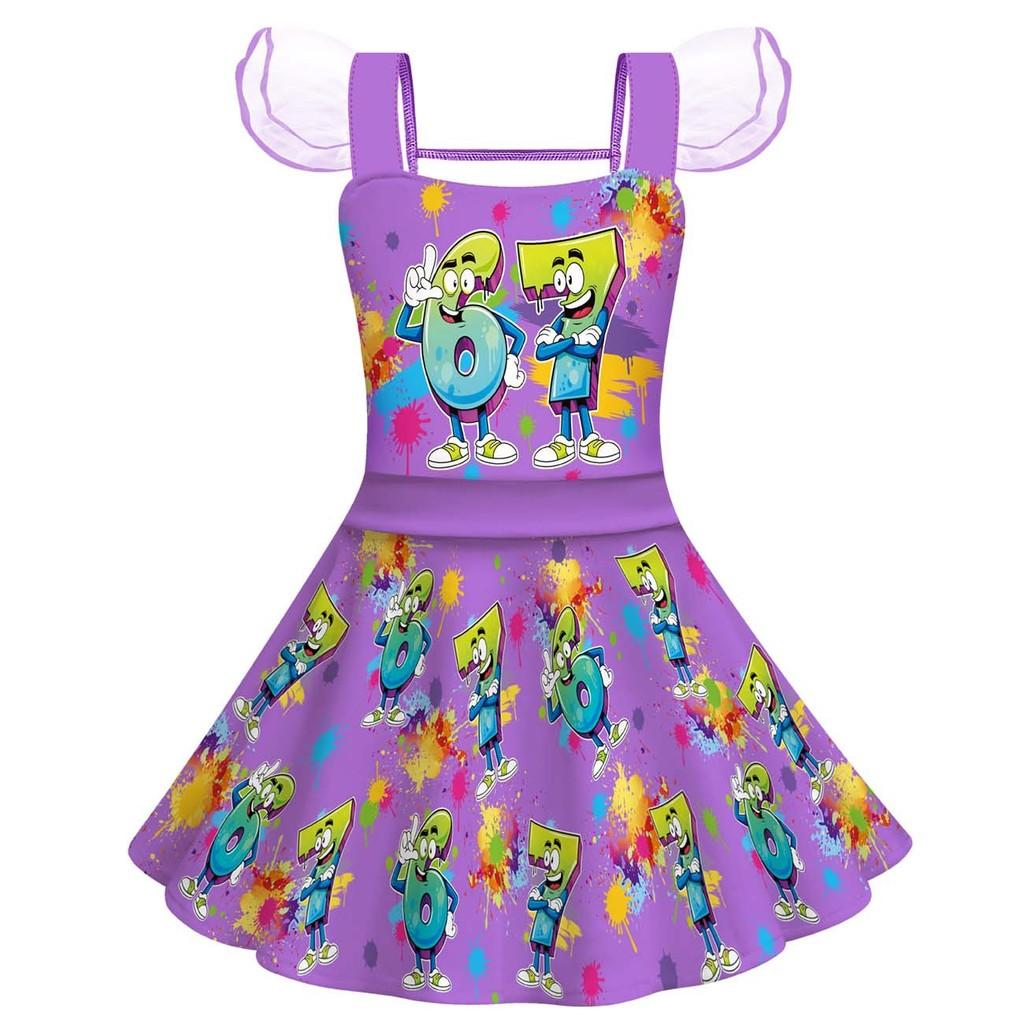 82957 Girls Six Seven 67 Brainrot Print Mesh Ruffle Dress 100cm фиолетовый