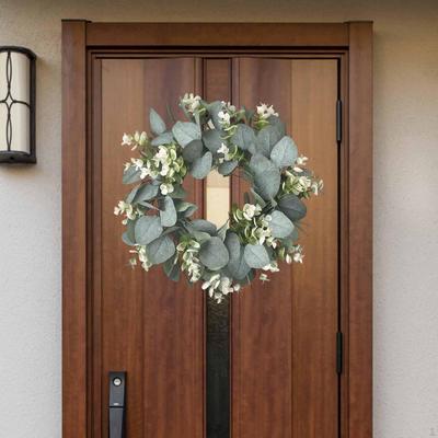 Couronne de fleurs printanières artificielles en eucalyptus, guirlande murale de feuilles vertes, 30,5 cm