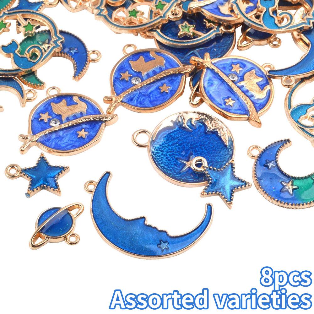 

4/8/12 шт. позолоченный эмалированный кулон, синяя эмалированная луна и звезда кулон изготовление серег ожерелье аксессуары своими руками, 8pcs