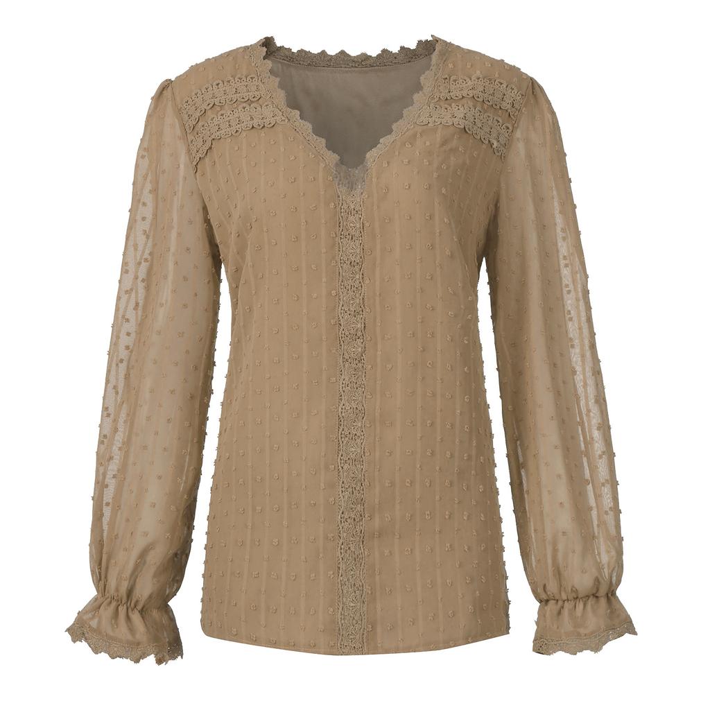 Womens Fashion Lace Blouse V-neck Chiffon Lace Long Sleeve T-Shirt Tops