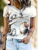 Women'S Short Sleeve T-shirt  Cute Winter Scene Print with Kitten and Bird. Snow Branch Pattern. Casual Crew Neck Tee