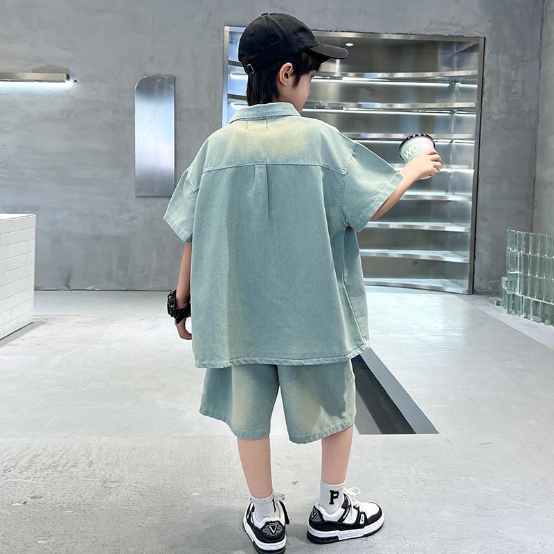 Boys' Summer Denim Short Sleeve and Shorts Set - 2025 Trendy Two-Piece for Middle and Big Kids