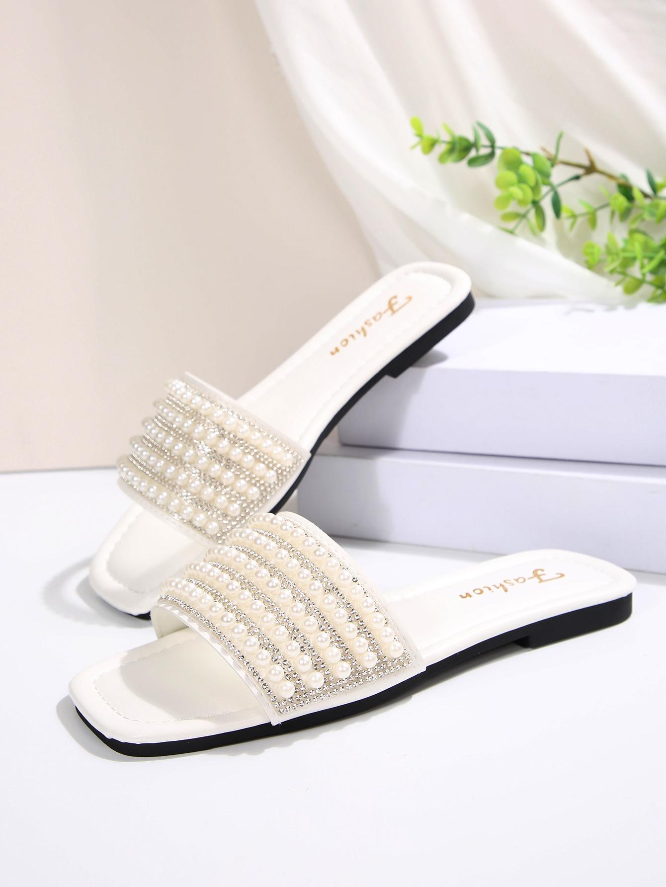 

[Внешняя торговля] 35-43 большой размер новая мода сандалии с открытым носком квадратный носок жемчуг интернет-знаменитость плоские шлепанцы женские 43