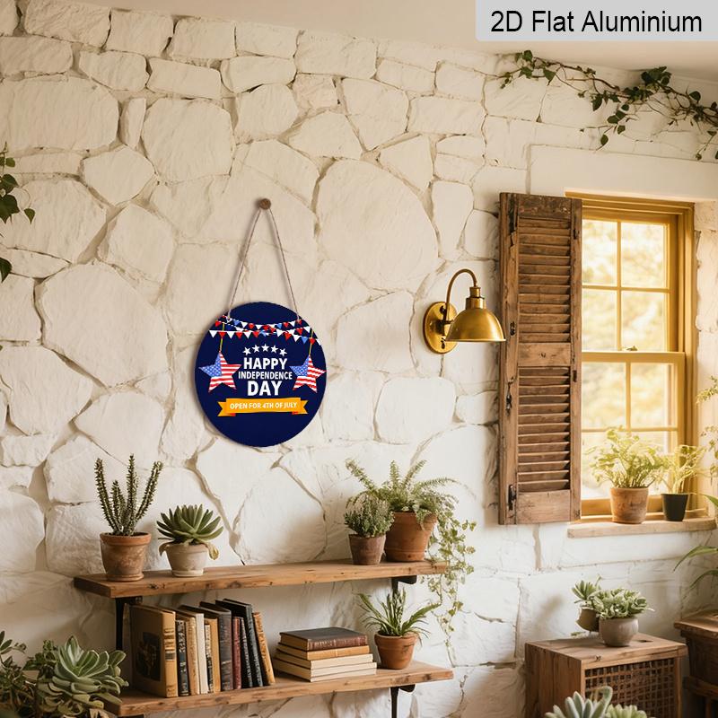2D Flat, 1pc Round "Happy Independence Day" Aluminum Hanging Sign, Patriotic USA Flag Star Bunting Design, Rustic 4th of July Metal Wall Decor