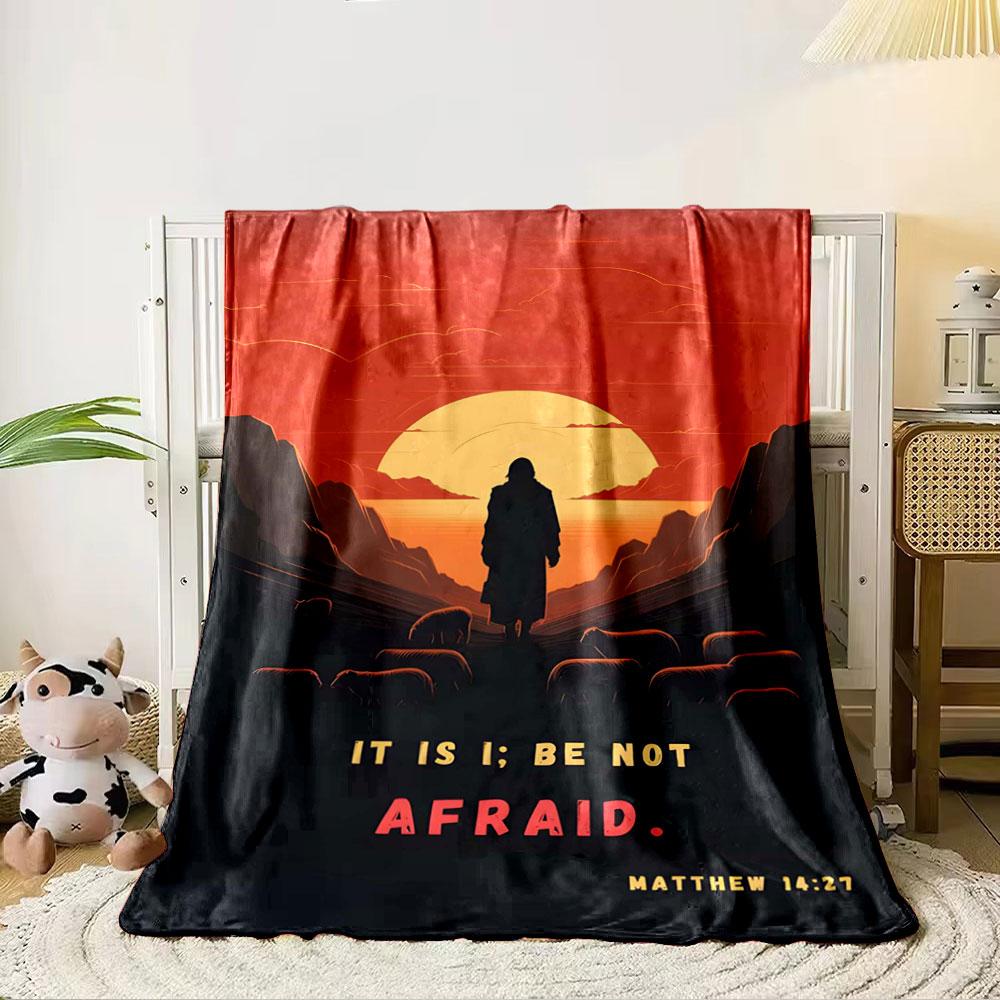 Silhouette of a figure and sheep before a sunset, with Bible verse text. for all seasons blanket lunch break throw gift 80cm x 120cm